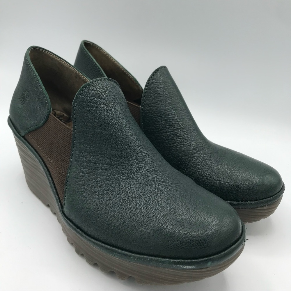 Fly London Shoes YUA Women's 39 US 8-8.5 Platform Wedges Green Leather Bootie - Picture 1 of 15